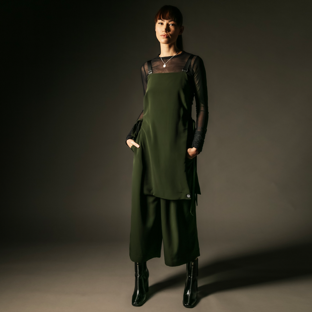 green pinafore dress with green culottes out of sync 