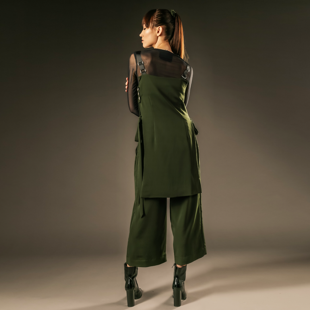 green pinafore dress with green culottes out of sync 