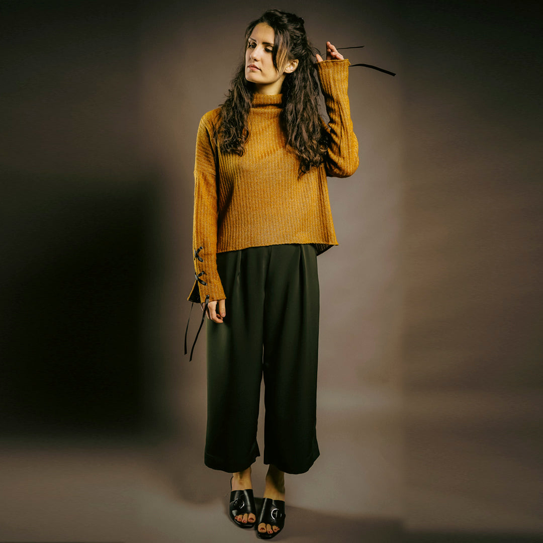 Mustard knitted jumper with lace-up sleeves โ Out of Sync โ OutofSyncWales