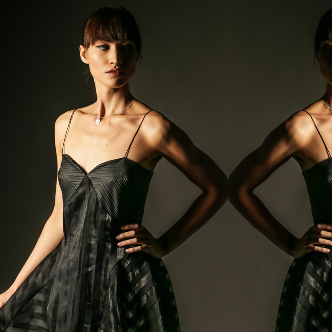Organza dress with black sleeve mesh top editorial. Evening dress. Out of Sync
