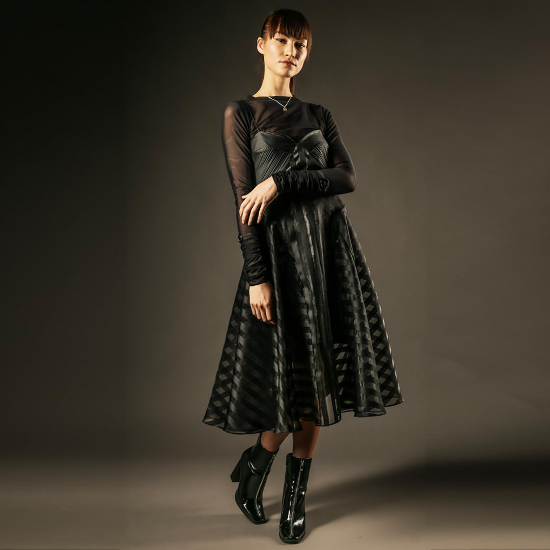 Organza dress with black sleeve mesh top editorial. Evening dress. Out of Sync