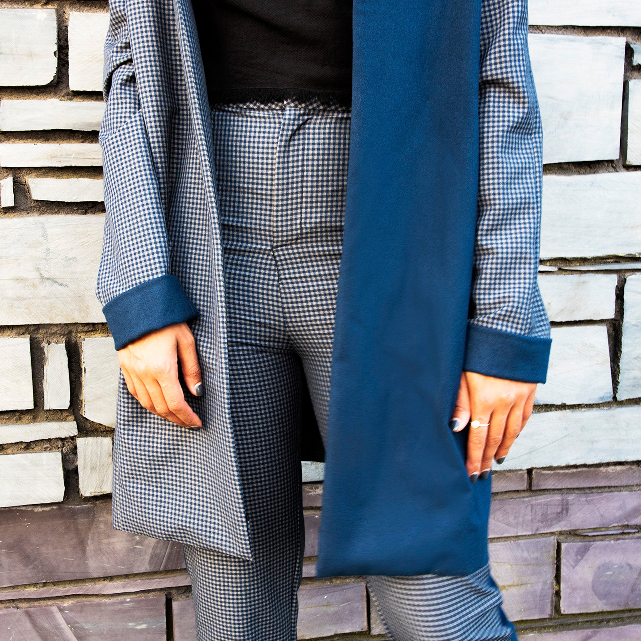 Navy blue contrast check jacket casual relaxed fit