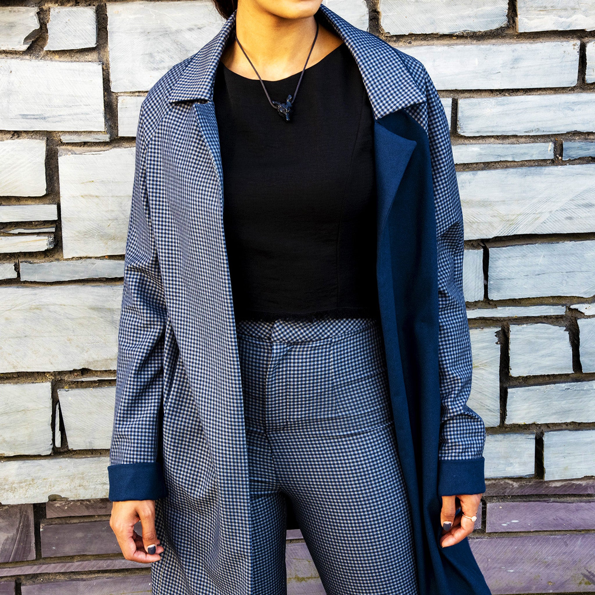 Navy blue contrast check jacket casual relaxed fit
