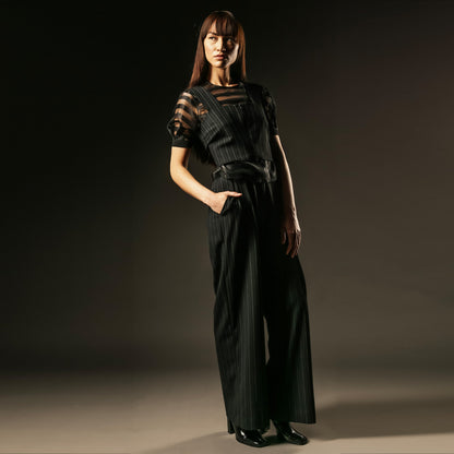 suited crop top and suited trouser and organza top out of sync outfit