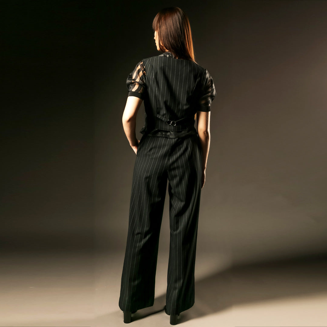Black organza top, suited crop top with suited trouser. Out of sync. back view